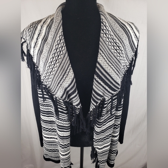 Peck & Peck Collection Black and White Fringed Collared Open Front Cardigan Sz L - Picture 2 of 10